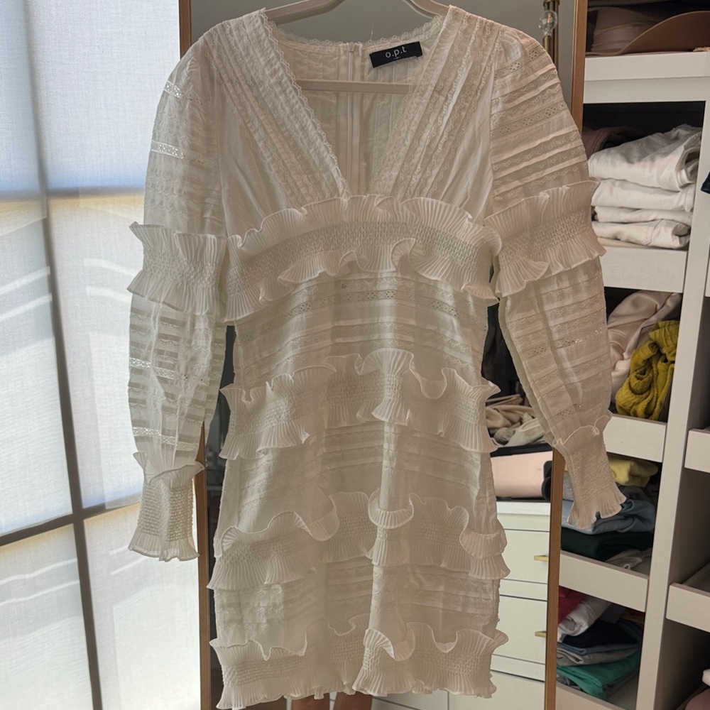 OPI White Long-Sleeve Ruffle V-Neck Mini Dress